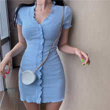 Load image into Gallery viewer, Summer short-sleeved slim dress women&#39;s ultra-short mini dress V-neck single-breasted short dress light blue red