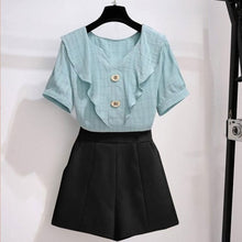 Load image into Gallery viewer, Summer suit shorts female plus size 2021 new Korean version of the ruffled V-neck top high waist casual shorts two-piece suit