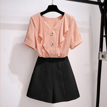 Load image into Gallery viewer, Summer suit shorts female plus size 2021 new Korean version of the ruffled V-neck top high waist casual shorts two-piece suit