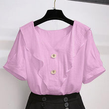 Load image into Gallery viewer, Summer suit shorts female plus size 2021 new Korean version of the ruffled V-neck top high waist casual shorts two-piece suit