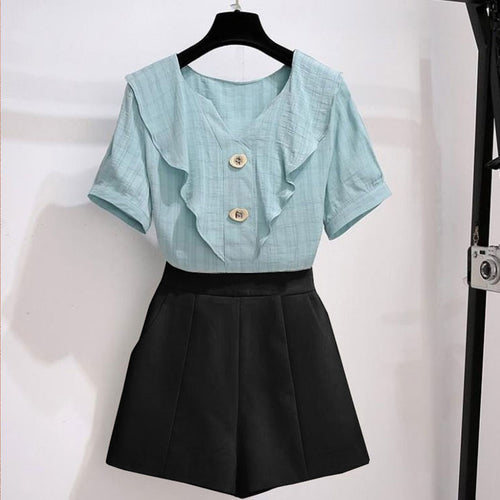 Summer suit shorts female plus size 2021 new Korean version of the ruffled V-neck top high waist casual shorts two-piece suit