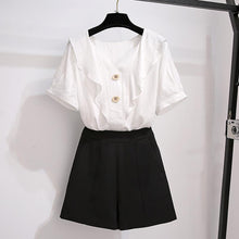 Load image into Gallery viewer, Summer suit shorts female plus size 2021 new Korean version of the ruffled V-neck top high waist casual shorts two-piece suit