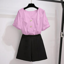 Load image into Gallery viewer, Summer suit shorts female plus size 2021 new Korean version of the ruffled V-neck top high waist casual shorts two-piece suit