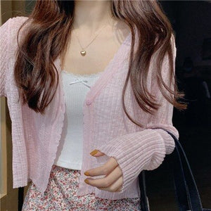 Summer thin V-neck knitted cardigan women's short air-conditioned shirt shawl with skirt ice silk sunscreen coat  sweaters