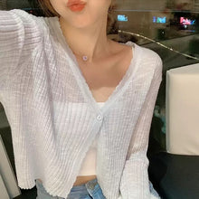 Load image into Gallery viewer, Summer thin V-neck knitted cardigan women&#39;s short air-conditioned shirt shawl with skirt ice silk sunscreen coat  sweaters