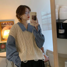 Load image into Gallery viewer, Sweater Women Autumn Fake Two-piece Shirt Cowboy Long Sleeve Stitched Knitted Sweaters Design Sense Top Fashion Pullover Korean