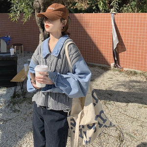 Sweater Women Autumn Fake Two-piece Shirt Cowboy Long Sleeve Stitched Knitted Sweaters Design Sense Top Fashion Pullover Korean
