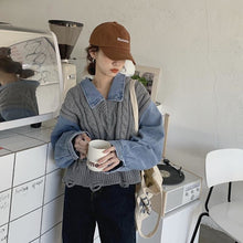 Load image into Gallery viewer, Sweater Women Autumn Fake Two-piece Shirt Cowboy Long Sleeve Stitched Knitted Sweaters Design Sense Top Fashion Pullover Korean