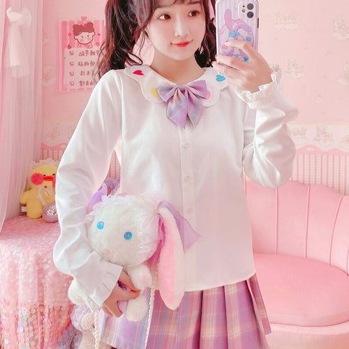 Sweet Cute Heart Tops Long Sleeve 2022 Embroidery Kawaii Blouses Spring Mori Girl Single Breasted Fresh Shirts White Japanese