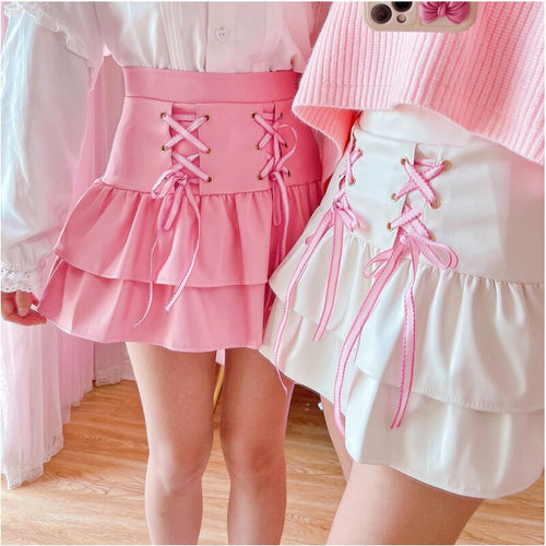 Sweet Cute Pink PU Skirts Spring Mori Girls High Waist Bandage Mini Skirts Kawaii Fashion Designed Japanese Flower Edge Jupe