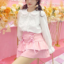 Load image into Gallery viewer, Sweet Cute Pink PU Skirts Spring Mori Girls High Waist Bandage Mini Skirts Kawaii Fashion Designed Japanese Flower Edge Jupe