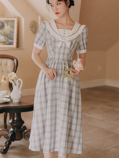 Sweet Doll Collar Dress Women French Retro Short Sleeve Vestido Ladies Ruffle Bow Sweet Japanese Kawaii Dresses Summer 2021 New