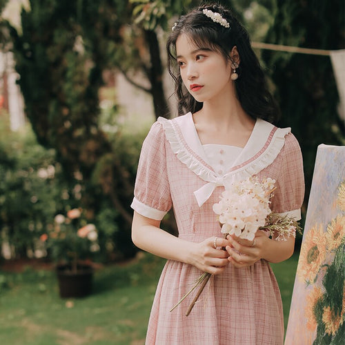 Sweet Doll Collar Dress Women French Retro Short Sleeve Vestido Ladies Ruffle Bow Sweet Japanese Kawaii Dresses Summer 2021 New