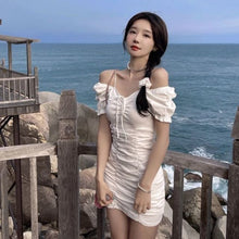 Load image into Gallery viewer, Sweet Elegant Slim Fit Bodycon Short Dress Women Simple V Neck Puff Sleeve High Waist White Dress Robe Korean Summer Vestidos