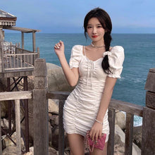 Load image into Gallery viewer, Sweet Elegant Slim Fit Bodycon Short Dress Women Simple V Neck Puff Sleeve High Waist White Dress Robe Korean Summer Vestidos