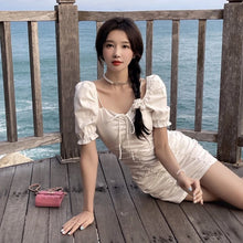 Load image into Gallery viewer, Sweet Elegant Slim Fit Bodycon Short Dress Women Simple V Neck Puff Sleeve High Waist White Dress Robe Korean Summer Vestidos