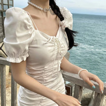 Load image into Gallery viewer, Sweet Elegant Slim Fit Bodycon Short Dress Women Simple V Neck Puff Sleeve High Waist White Dress Robe Korean Summer Vestidos