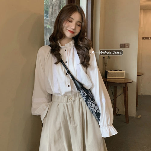 Sweet Elegant Stand Collar Fungus Blouses For Women 2021 Autumn Fashion Single Breasted Long Sleeve Shirts Fairy All-match Tops