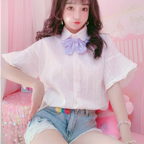 Sweet Flare Short Sleeve Shirts Vintage Summer 2022 All Match Cute White Tops Women Single Breasted Blouses Teen Girls