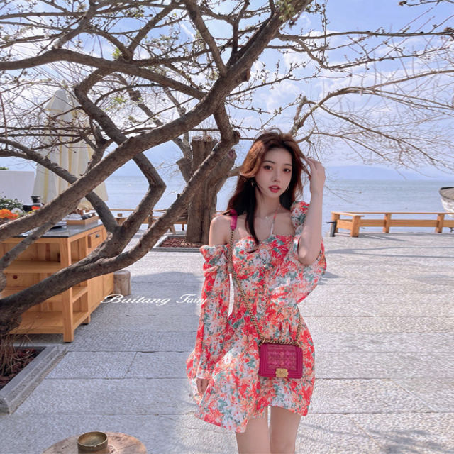 Sweet Floral Dress Women Elegant Chic Sexy Designer Party Mini Dress Female Casual Outdoor Beach Print Kawaii Dress Summer 2021