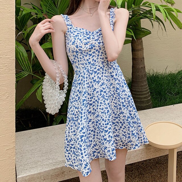 Sweet Floral Print Dresses Women Square Collar Boho Sleeveless Spaghetti Strap Casual Fashion Chiffon Vestidos Summer 2021 Robe