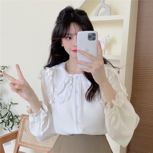 Sweet Fresh Peter Pan Collar Tops Long Sleeve Elegant Cute Lace Shirts Women Single Breasted Flower Blouses Spring Mori Girl