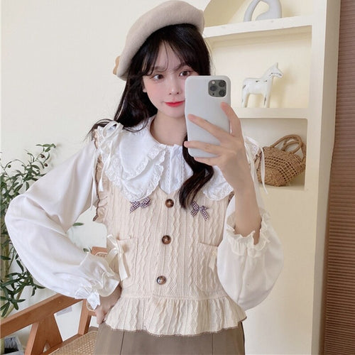 Sweet Fresh Peter Pan Collar Tops Long Sleeve Elegant Cute Lace Shirts Women Single Breasted Flower Blouses Spring Mori Girl