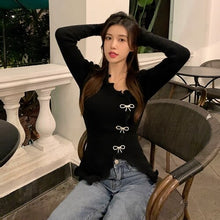 Load image into Gallery viewer, Sweet Fungus Edge Ruched Pullover Women 2022 Crew Neck Chic Designed Slim Tops Diamond Bow Fashion Irregular Jumper Spring