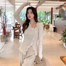 Load image into Gallery viewer, Sweet Fungus Edge Ruched Pullover Women 2022 Crew Neck Chic Designed Slim Tops Diamond Bow Fashion Irregular Jumper Spring