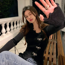 Load image into Gallery viewer, Sweet Fungus Edge Ruched Pullover Women 2022 Crew Neck Chic Designed Slim Tops Diamond Bow Fashion Irregular Jumper Spring