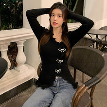 Load image into Gallery viewer, Sweet Fungus Edge Ruched Pullover Women 2022 Crew Neck Chic Designed Slim Tops Diamond Bow Fashion Irregular Jumper Spring