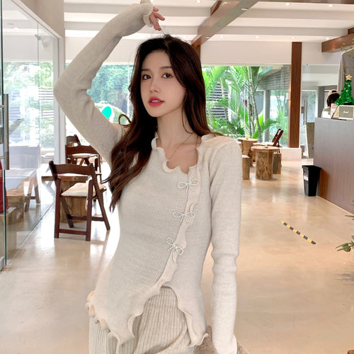 Sweet Fungus Edge Ruched Pullover Women 2022 Crew Neck Chic Designed Slim Tops Diamond Bow Fashion Irregular Jumper Spring