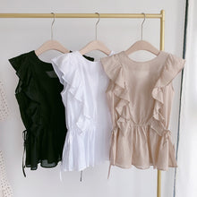Load image into Gallery viewer, Sweet Japan Style Ruffles Blouse Women O Neck Lace-up Flying Sleeve Shirts Women Simple Office Ladies Elegant Blusas Femme