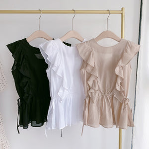 Sweet Japan Style Ruffles Blouse Women O Neck Lace-up Flying Sleeve Shirts Women Simple Office Ladies Elegant Blusas Femme