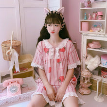 Load image into Gallery viewer, Sweet Kawaii 2-Piece Sets Pajama Set Women Japanese Strawberry Print Soft Girl Lace 1set Cosplay Sleepwear Cute Set Home Service