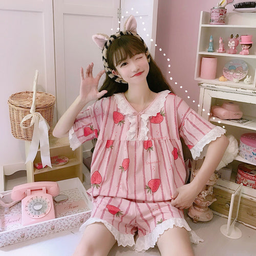 Sweet Kawaii 2-Piece Sets Pajama Set Women Japanese Strawberry Print Soft Girl Lace 1set Cosplay Sleepwear Cute Set Home Service