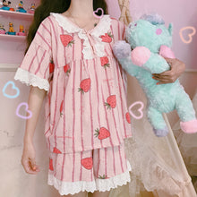 Load image into Gallery viewer, Sweet Kawaii 2-Piece Sets Pajama Set Women Japanese Strawberry Print Soft Girl Lace 1set Cosplay Sleepwear Cute Set Home Service