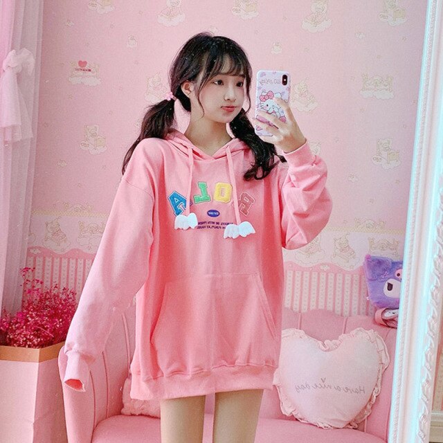 Sweet Kawaii Hoodies Spring Woman 2022 New Cute Pink Hoodie Casual Loose Pockets Letter Hooded Sweatshirt Fresh Mori Girls