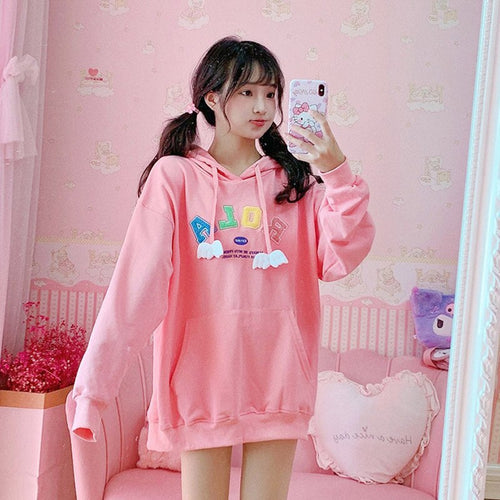 Sweet Kawaii Hoodies Spring Woman 2022 New Cute Pink Hoodie Casual Loose Pockets Letter Hooded Sweatshirt Fresh Mori Girls