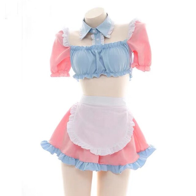 Sweet Kawaii Maid Cosplay Costume Temptation Cos Sexy Pajamas Lolita Women Lace Ruffles Bunny Girl with Apron Lovely Lingerie