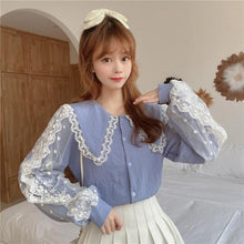Load image into Gallery viewer, Sweet Lace Patchwork Doll Collar Puff Sleeve Shirt Female Cute All-match Spring Autumn 2021 New Slim Shirts Office Ladies Top