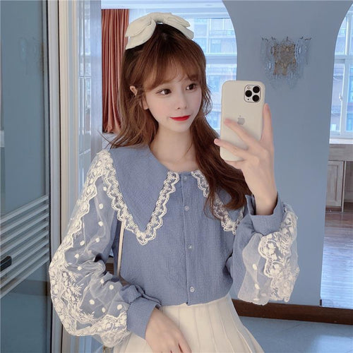 Sweet Lace Patchwork Doll Collar Puff Sleeve Shirt Female Cute All-match Spring Autumn 2021 New Slim Shirts Office Ladies Top