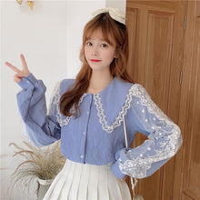 Load image into Gallery viewer, Sweet Lace Patchwork Doll Collar Puff Sleeve Shirt Female Cute All-match Spring Autumn 2021 New Slim Shirts Office Ladies Top