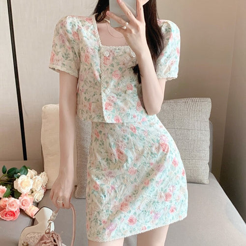 Sweet Lace Skirts Suits Age-reducing Square Collar Embroidery Small Print Short Top + Vintage Floral A-line Skirt Two Piece Sets