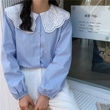 Load image into Gallery viewer, Sweet Lace Stitching Doll Collar Shirt Women Korean Puff Sleeve Single Breasted Blouse Tops Women Spring Autumn Blusas Mujer