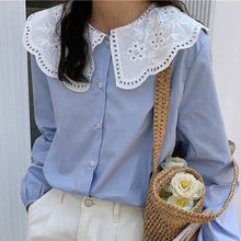 Load image into Gallery viewer, Sweet Lace Stitching Doll Collar Shirt Women Korean Puff Sleeve Single Breasted Blouse Tops Women Spring Autumn Blusas Mujer