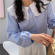 Load image into Gallery viewer, Sweet Lace Stitching Doll Collar Shirt Women Korean Puff Sleeve Single Breasted Blouse Tops Women Spring Autumn Blusas Mujer
