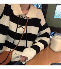 Load image into Gallery viewer, Sweet Lace Up Striped Sweater Women 2021 Autumn New Design Loose Knitted Cropped Tops Female Elegant All-match Pullovers Trendy