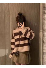 Load image into Gallery viewer, Sweet Lace Up Striped Sweater Women 2021 Autumn New Design Loose Knitted Cropped Tops Female Elegant All-match Pullovers Trendy