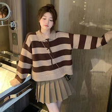 Load image into Gallery viewer, Sweet Lace Up Striped Sweater Women 2021 Autumn New Design Loose Knitted Cropped Tops Female Elegant All-match Pullovers Trendy